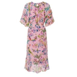 Banjanan 100% Silk Dress Chiffon MIDI Dress Floral Puff Sleeve Belted Sz XS Boho